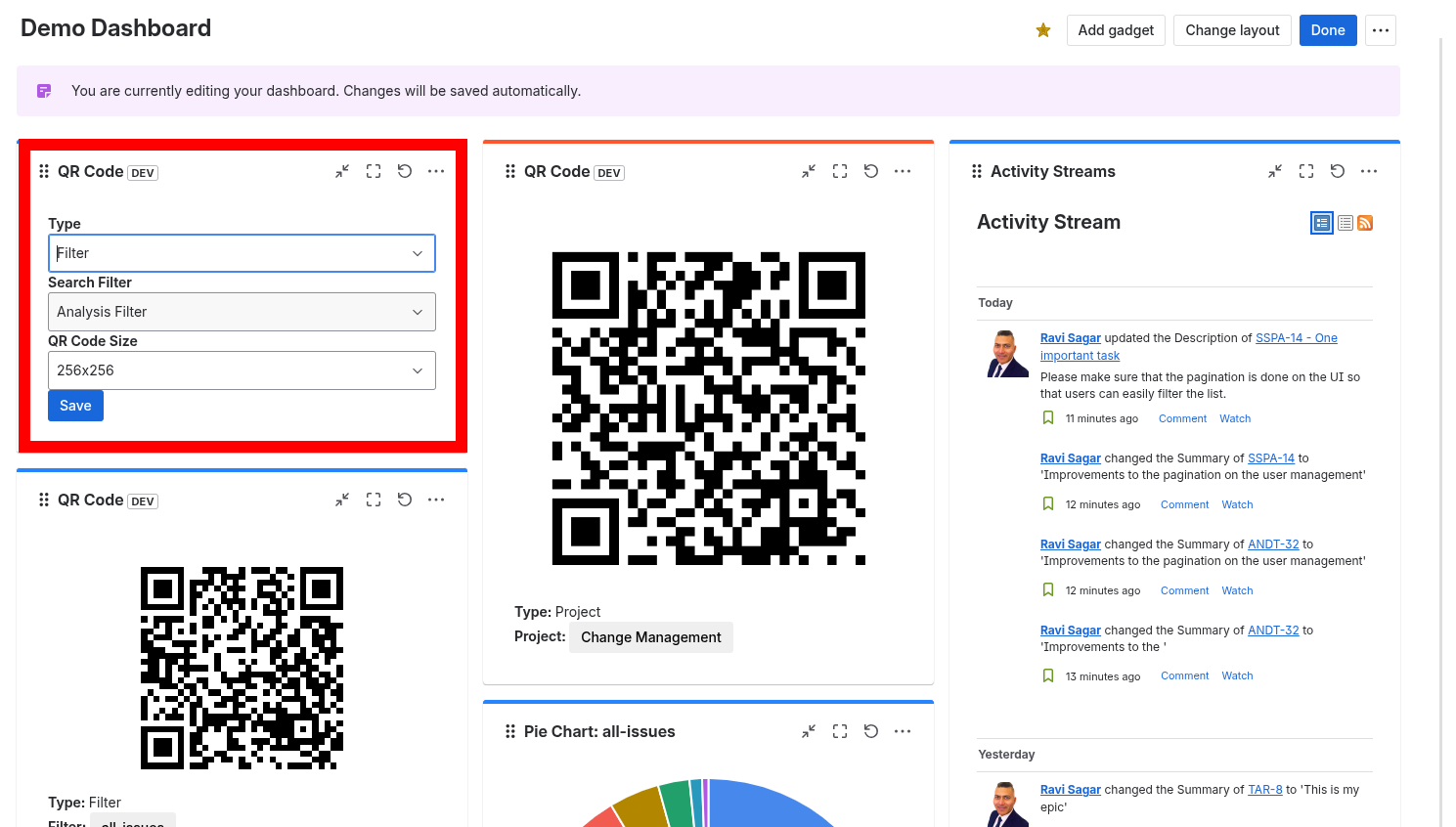 Configuring the QR Code dashboard gadget