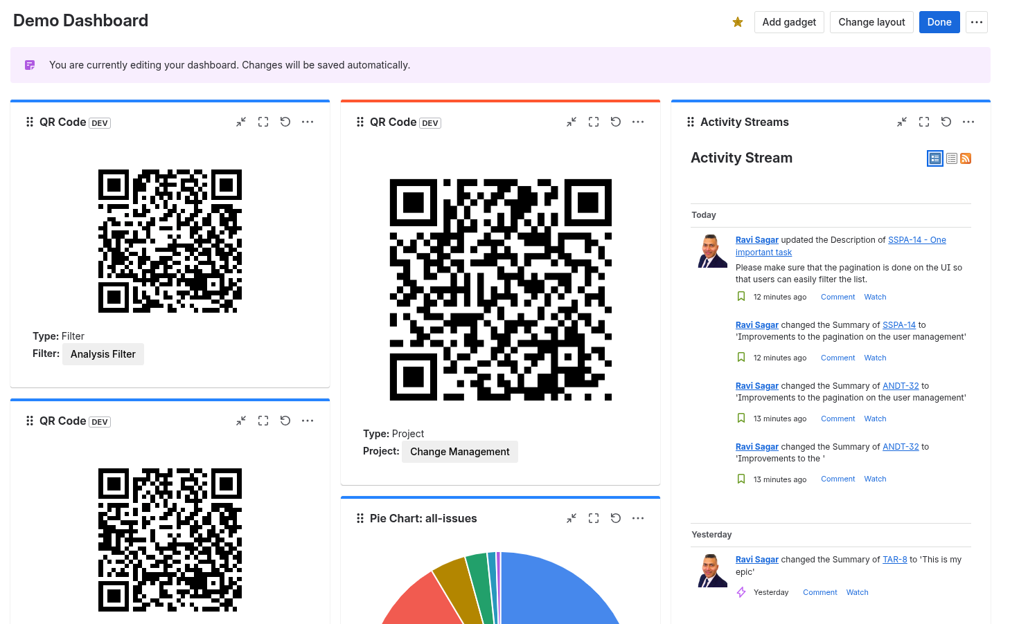 QR Code gadget on a dashboard